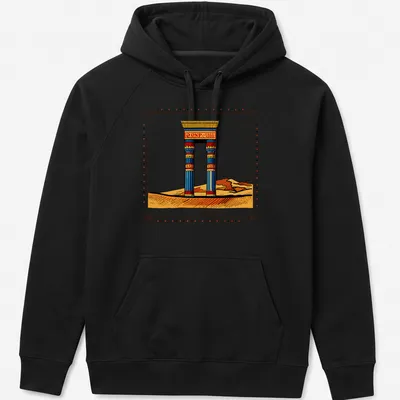 Colorful illustration of an ancient desert gate with the title Echoes of Kemet — printed on a unisex hoodie