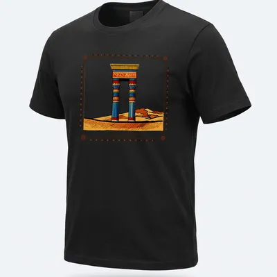 Colorful illustration of an ancient desert gate with the title Echoes of Kemet — printed on a unisex t-shirt
