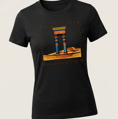 Colorful illustration of an ancient desert gate with the title Echoes of Kemet — printed on a women's shirt