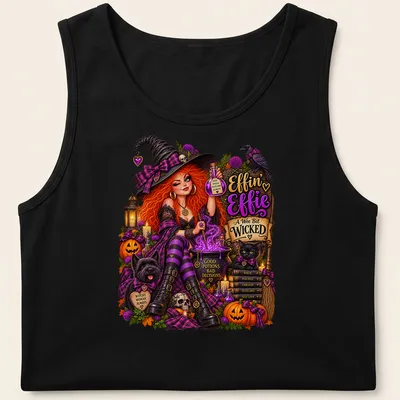 Colorful whimsical illustration of a Scottish witch with red hair and playful text — printed on a tank top