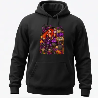 Colorful whimsical illustration of a Scottish witch with red hair and playful text — printed on a unisex hoodie