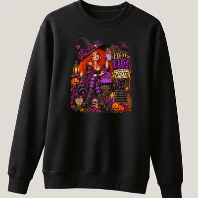 Colorful whimsical illustration of a Scottish witch with red hair and playful text — printed on a unisex sweatshirt