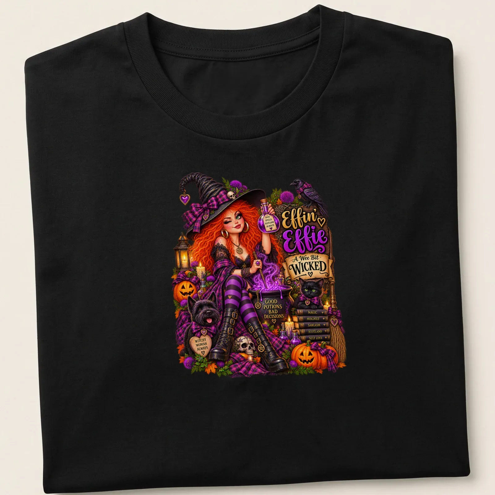Colorful whimsical illustration of a Scottish witch with red hair and playful text — printed on a unisex t-shirt