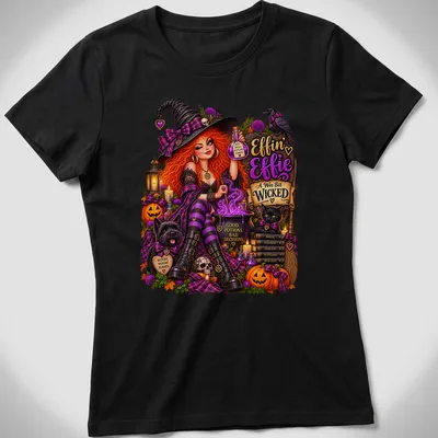 Colorful whimsical illustration of a Scottish witch with red hair and playful text — printed on a women's shirt