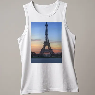 Photographic print of the Eiffel Tower at sunset in blue, orange, pink, and gray. — printed on a tank top