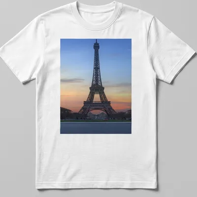 Photographic print of the Eiffel Tower at sunset in blue, orange, pink, and gray. — printed on a unisex t-shirt