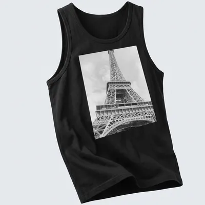 Black and white photograph of the Eiffel Tower on a — printed on a tank top