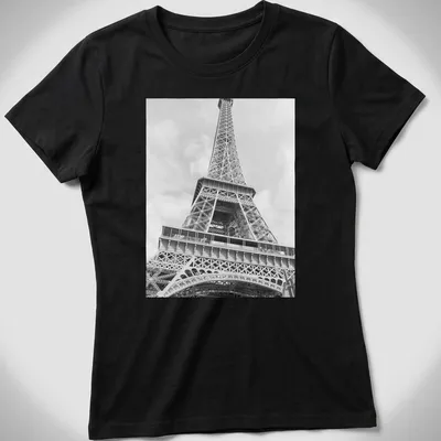 Black and white photograph of the Eiffel Tower on a — printed on a women's shirt