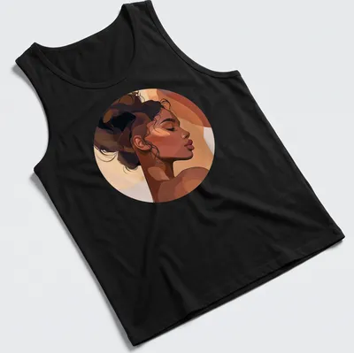Abstract portrait of a Black woman with natural hair in warm colors — printed on a tank top