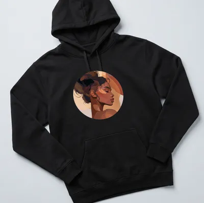Abstract portrait of a Black woman with natural hair in warm colors — printed on a unisex hoodie