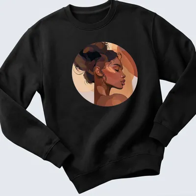 Abstract portrait of a Black woman with natural hair in warm colors — printed on a unisex sweatshirt