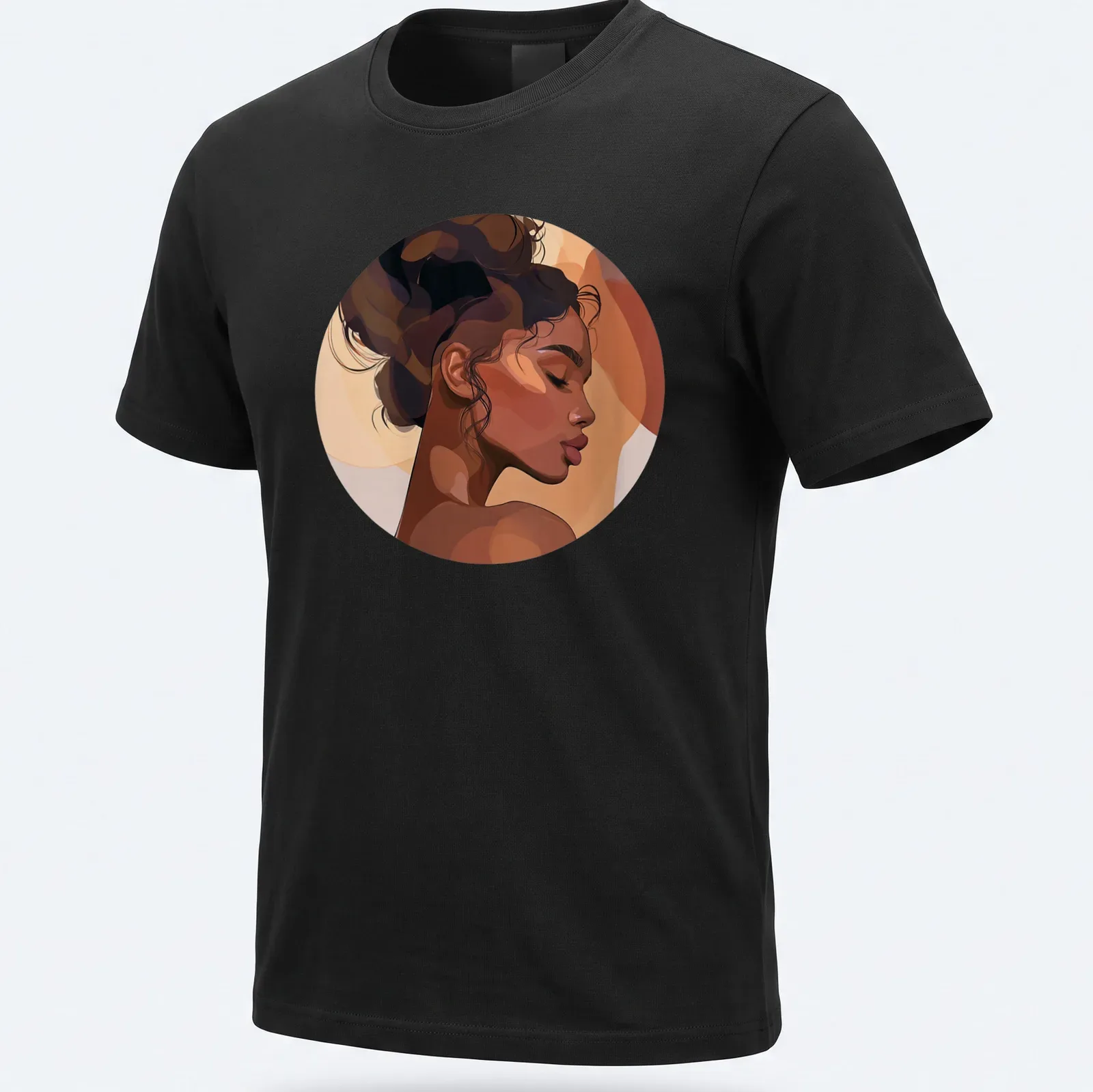 Abstract portrait of a Black woman with natural hair in warm colors — printed on a unisex t-shirt