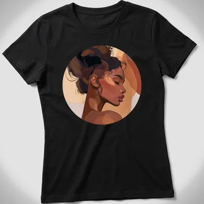 Abstract portrait of a Black woman with natural hair in warm colors — printed on a women's shirt