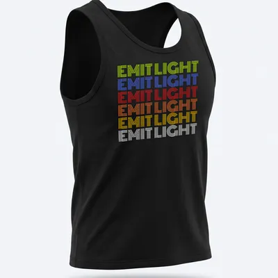 Retro shirt with stacked text reading 'EMIT LIGHT' in vibrant colors — printed on a tank top