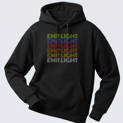Retro shirt with stacked text reading 'EMIT LIGHT' in vibrant colors — printed on a unisex hoodie