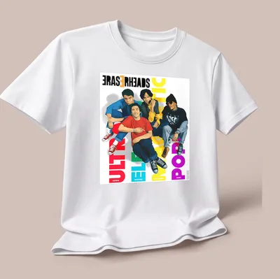 Colorful illustration of Eraserheads band members with vibrant text — printed on a unisex t-shirt (angled view)