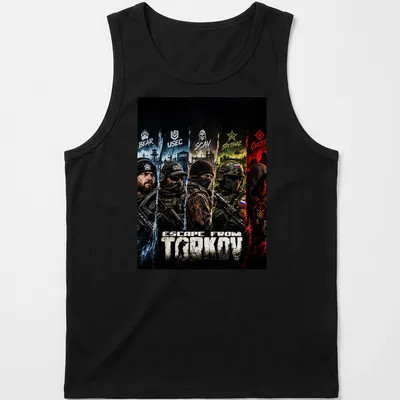 Stylized graphic of Escape From Tarkov characters in bold colors on a — printed on a tank top