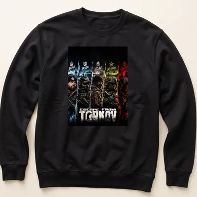 Stylized graphic of Escape From Tarkov characters in bold colors on a — printed on a unisex sweatshirt
