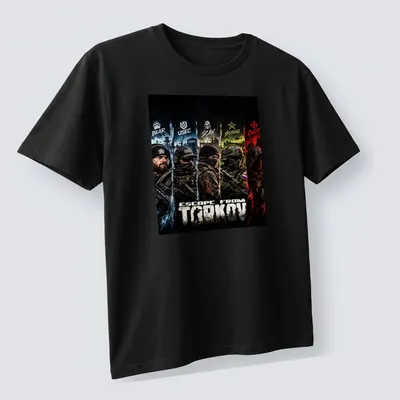 Stylized graphic of Escape From Tarkov characters in bold colors on a — printed on a unisex t-shirt (angled view)