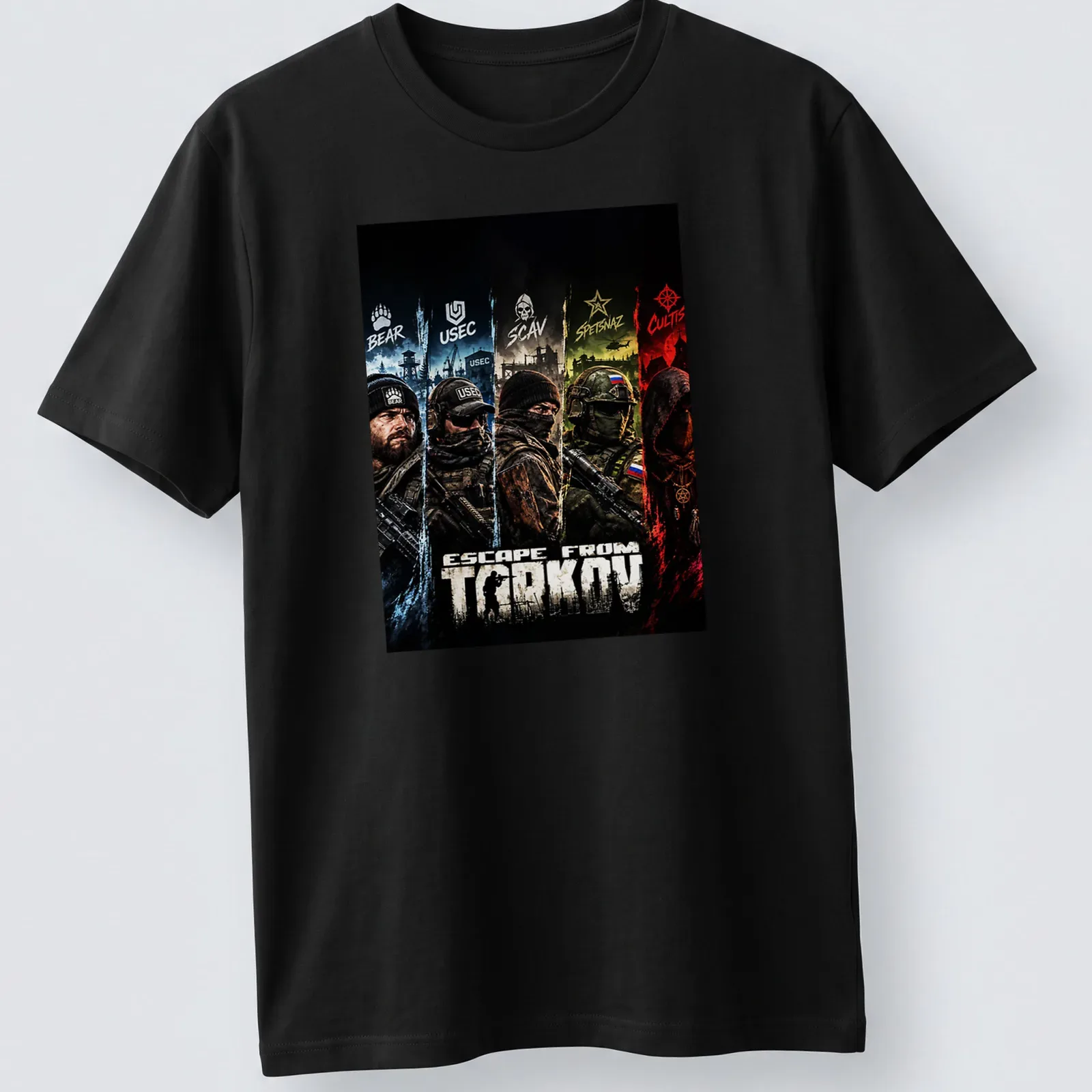 Stylized graphic of Escape From Tarkov characters in bold colors on a — printed on a unisex t-shirt