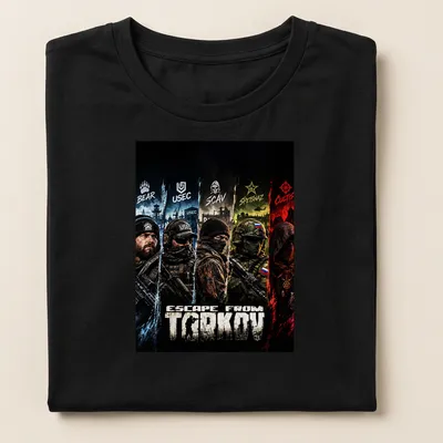 Stylized graphic of Escape From Tarkov characters in bold colors on a — printed on a women's shirt