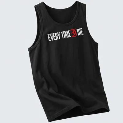 Distressed Every Time I Die t-shirt with bold red and white lettering — printed on a tank top