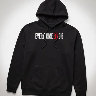 Distressed Every Time I Die t-shirt with bold red and white lettering — printed on a unisex hoodie