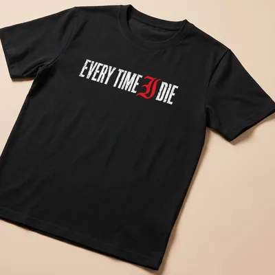 Distressed Every Time I Die t-shirt with bold red and white lettering — printed on a unisex t-shirt