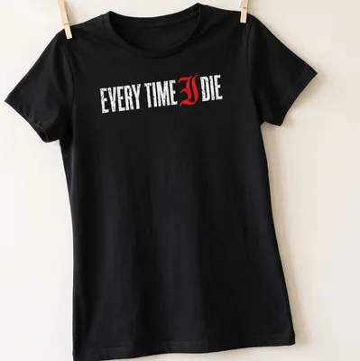 Distressed Every Time I Die t-shirt with bold red and white lettering — printed on a women's shirt