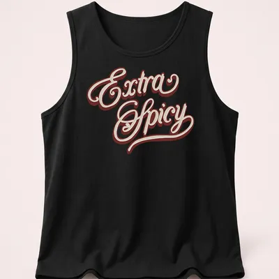 Stylized script Extra Spicy t-shirt in brown and cream colors — printed on a tank top