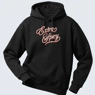 Stylized script Extra Spicy t-shirt in brown and cream colors — printed on a unisex hoodie