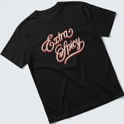 Stylized script Extra Spicy t-shirt in brown and cream colors