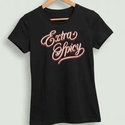 Stylized script Extra Spicy t-shirt in brown and cream colors — printed on a women's shirt
