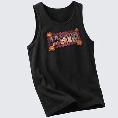 Vintage silhouette of the word Fall with pumpkins and leaves in warm colors — printed on a tank top