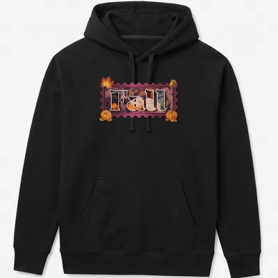 Vintage silhouette of the word Fall with pumpkins and leaves in warm colors — printed on a unisex hoodie