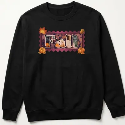 Vintage silhouette of the word Fall with pumpkins and leaves in warm colors — printed on a unisex sweatshirt