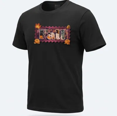 Vintage silhouette of the word Fall with pumpkins and leaves in warm colors — printed on a unisex t-shirt