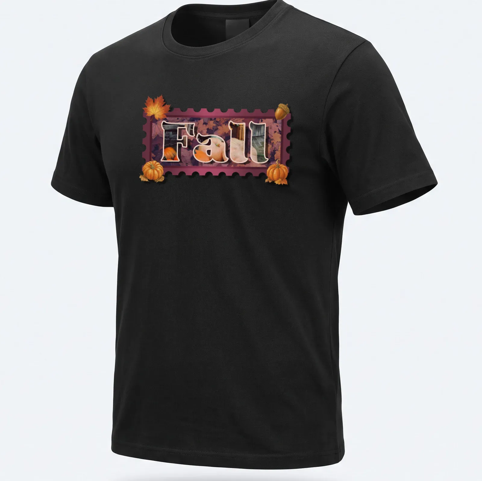 Vintage silhouette of the word Fall with pumpkins and leaves in warm colors — printed on a unisex t-shirt