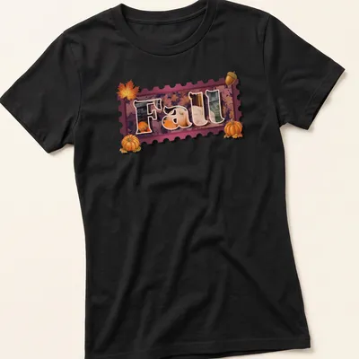 Vintage silhouette of the word Fall with pumpkins and leaves in warm colors — printed on a women's shirt