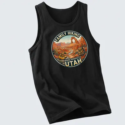 Vintage illustration of hiking boots and backpack in a mountain landscape with family hiking text — printed on a tank top