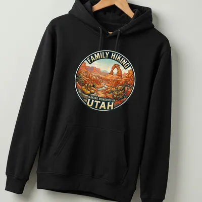 Vintage illustration of hiking boots and backpack in a mountain landscape with family hiking text — printed on a unisex hoodie