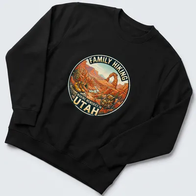 Vintage illustration of hiking boots and backpack in a mountain landscape with family hiking text — printed on a unisex sweatshirt