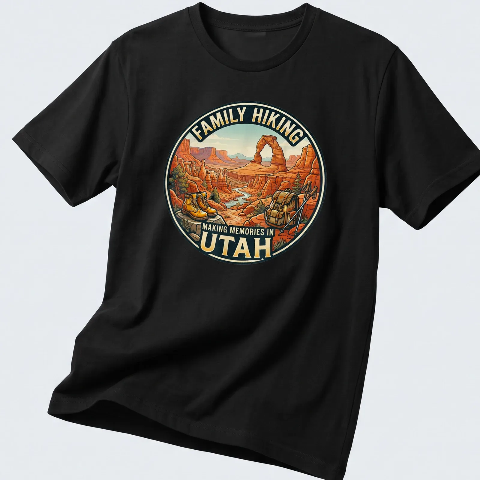 Vintage illustration of hiking boots and backpack in a mountain landscape with family hiking text — printed on a unisex t-shirt