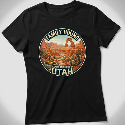 Vintage illustration of hiking boots and backpack in a mountain landscape with family hiking text — printed on a women's shirt