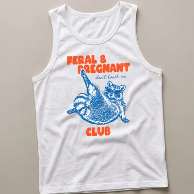 Playful illustration of a raccoon in sunglasses with text about being pregnant and feral — printed on a tank top