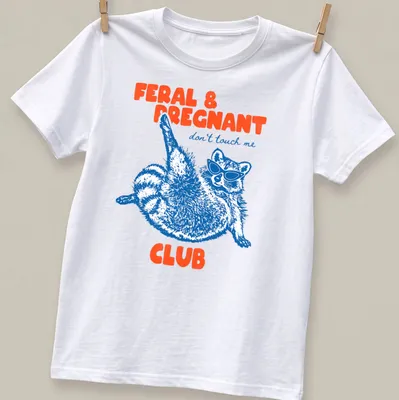 Playful illustration of a raccoon in sunglasses with text about being pregnant and feral