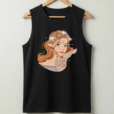 Kawaii illustration of a female character with tattoos in brown, blue, black, white, and gold — printed on a tank top