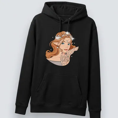 Kawaii illustration of a female character with tattoos in brown, blue, black, white, and gold — printed on a unisex hoodie