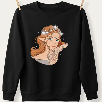 Kawaii illustration of a female character with tattoos in brown, blue, black, white, and gold — printed on a unisex sweatshirt