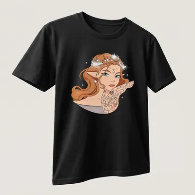 Kawaii illustration of a female character with tattoos in brown, blue, black, white, and gold — printed on a unisex t-shirt (angled view)